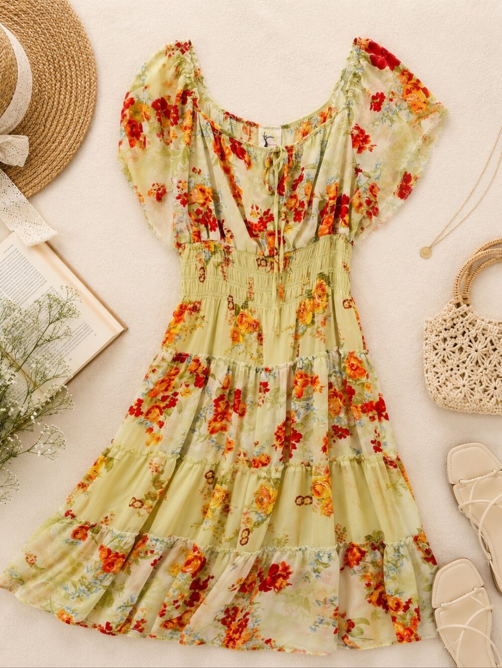 Fig And Flower Anthropologie Green Floral Scarfy Romantic Dress. Ladies L